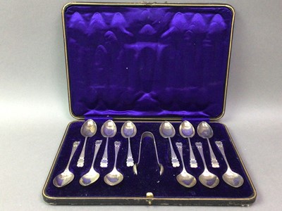 Lot 572 - SET OF TWELVE SILVER TEASPOONS AND TONGS