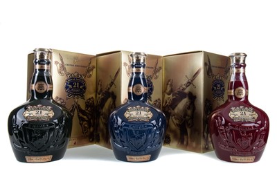 Lot 257 - CHIVAS ROYAL SALUTE 21 YEAR OLD - RUBY, SAPPHIRE AND EMERALD DECANTERS