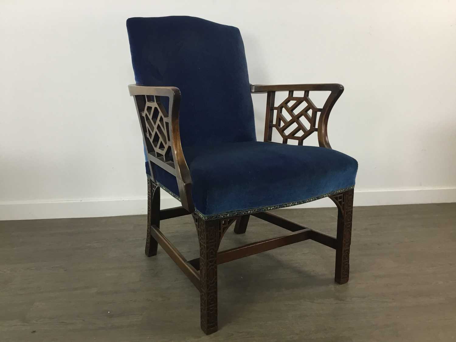 Lot 725 - MAHOGANY ELBOW CHAIR IN THE CHINESE CHIPPENDALE TASTE