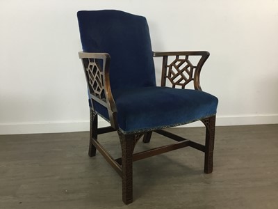 Lot 725 - MAHOGANY ELBOW CHAIR IN THE CHINESE CHIPPENDALE TASTE