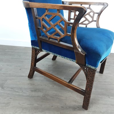 Lot 725 - MAHOGANY ELBOW CHAIR IN THE CHINESE CHIPPENDALE TASTE