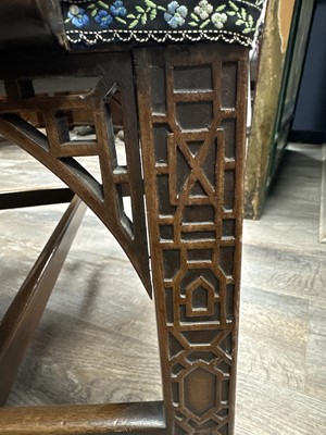 Lot 725 - MAHOGANY ELBOW CHAIR IN THE CHINESE CHIPPENDALE TASTE