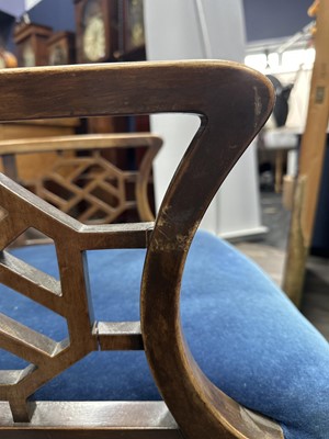 Lot 725 - MAHOGANY ELBOW CHAIR IN THE CHINESE CHIPPENDALE TASTE