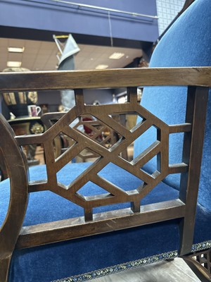 Lot 725 - MAHOGANY ELBOW CHAIR IN THE CHINESE CHIPPENDALE TASTE