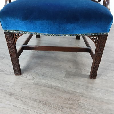 Lot 725 - MAHOGANY ELBOW CHAIR IN THE CHINESE CHIPPENDALE TASTE