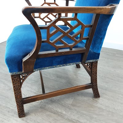 Lot 725 - MAHOGANY ELBOW CHAIR IN THE CHINESE CHIPPENDALE TASTE