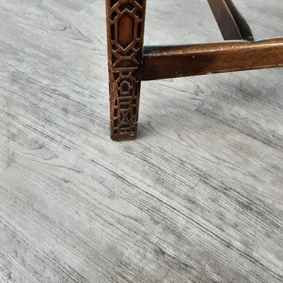 Lot 725 - MAHOGANY ELBOW CHAIR IN THE CHINESE CHIPPENDALE TASTE