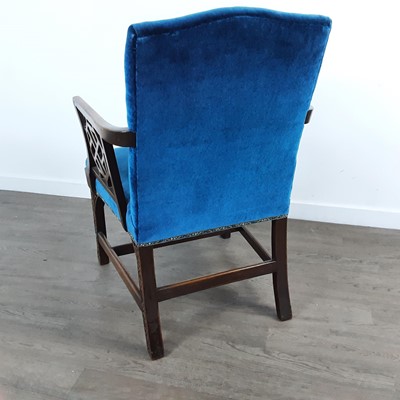 Lot 725 - MAHOGANY ELBOW CHAIR IN THE CHINESE CHIPPENDALE TASTE