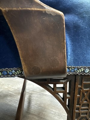Lot 725 - MAHOGANY ELBOW CHAIR IN THE CHINESE CHIPPENDALE TASTE
