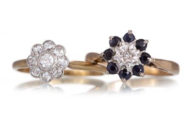 Lot 652 - DIAMOND CLUSTER RING ALONG WITH A SAPPHIRE CLUSTER RING