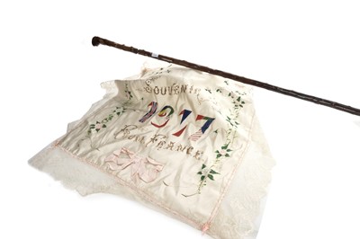 Lot 23 - VICTORIAN HOLLY SWORD STICK AND WWI SILK TABLE COVER