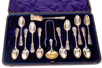 Lot 58 - SET OF ELEVEN VICTORIAN SILVER TEASPOONS, TONGS, SUGAR SCOOP AND CADDY SPOON