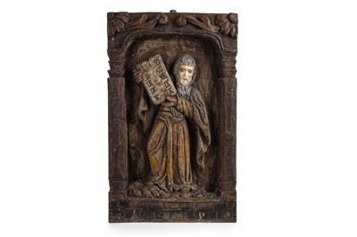 Lot 760 - RELIEF CARVED WOODEN DEPICTING MOSES BEARING THE TEN COMMANDMENTS