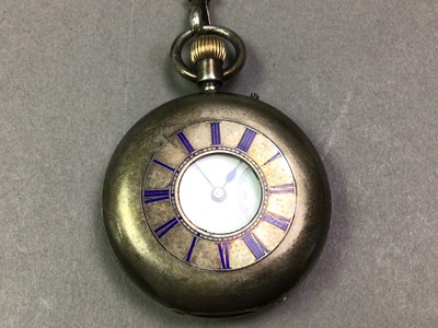 Lot 379 - SILVER HALF HUNTER POCKET WATCH WITH CHAIN AND T BAR