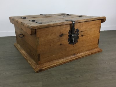 Lot 420 - PINE STORAGE CHEST, COFFEE TABLE AND NARROW CHEST OF DRAWERS