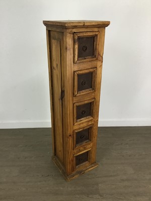 Lot 420 - PINE STORAGE CHEST, COFFEE TABLE AND NARROW CHEST OF DRAWERS