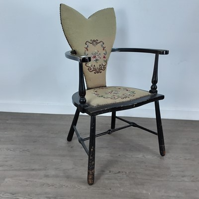 Lot 499 - SMALL EBONISED EMBROIDERED CHAIR