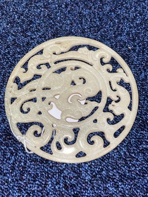 Lot 1197 - CHINESE PALE CELADON JADE BI PLAQUE