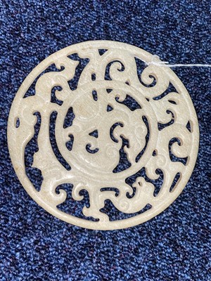 Lot 1197 - CHINESE PALE CELADON JADE BI PLAQUE