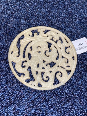 Lot 1197 - CHINESE PALE CELADON JADE BI PLAQUE