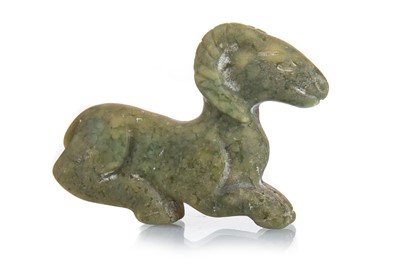 Lot 448 - CHINESE MOTTLED GREEN JADE RAM