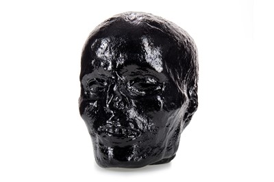 Lot 50 - BLACK PAINTED PLASTER BUST OF A HUMAN SKULL