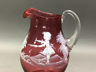 Lot 652 - PAIR OF MARY GREGORY STYLE CRANBERRY GLASS JUGS