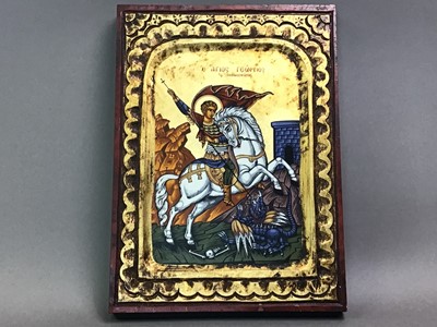 Lot 127a - BYZANTINE-STYLE ORTHODOX GREEK ICON DEPICTING GEORGE AND THE DRAGON