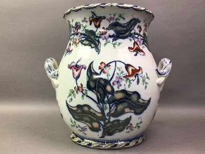 Lot 151 - VICTORIAN STONE WARE 'IRIS' TWIN-HANDLED VASE