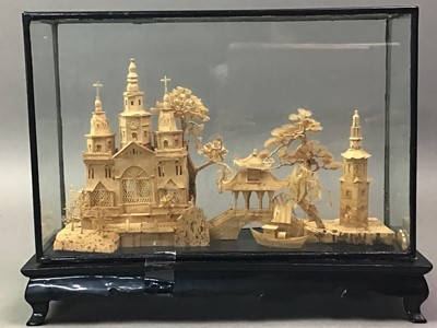 Lot 199 - CHINESE CARVED CORK MODEL OF BUILDINGS AMONGST TREES