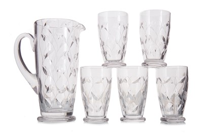 Lot 469 - CLYNE FARQUHARSON (BRITISH, 1906-78) FOR JOHN WALSH WALSH, ART DECO 'LEAF' PATTERN CRYSTAL LEMONADE SET