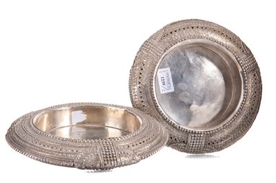 Lot 1239 - PAIR OF INDIAN WHITE METAL STANDS/BOTTLE COASTERS