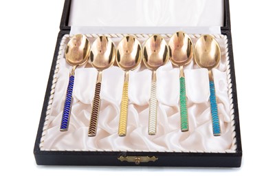 Lot 145 - SET OF SIX DANISH SILVER GILT AND HARLEQUIN ENAMEL COFFEE SPOONS
