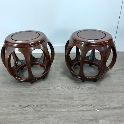 Lot 258 - PAIR OF CHINESE HARDWOOD BARREL SHAPED OCCASIONAL TABLES