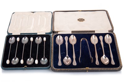 Lot 33 - TWO SETS OF SILVER TEASPOONS WITH TONGS