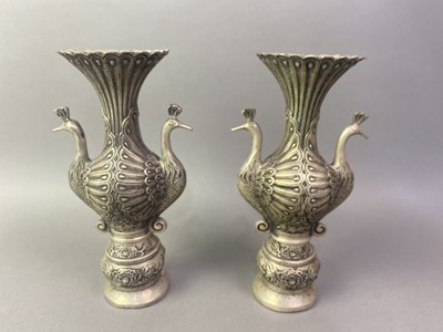 Lot 428 - PAIR OF CHINESE TWIN HANDLED WHITE METAL VASES