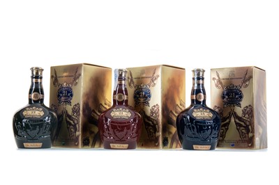 Lot 274 - CHIVAS ROYAL SALUTE 21 YEAR OLD RUBY, EMERALD AND SAPPHIRE DECANTERS