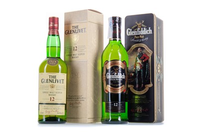 Lot 308 - GLENLIVET 12 YEAR OLD AND GLENFIDDICH 12 YEAR OLD SPECIAL RESERVE IN CLAN SINCLAIR TIN