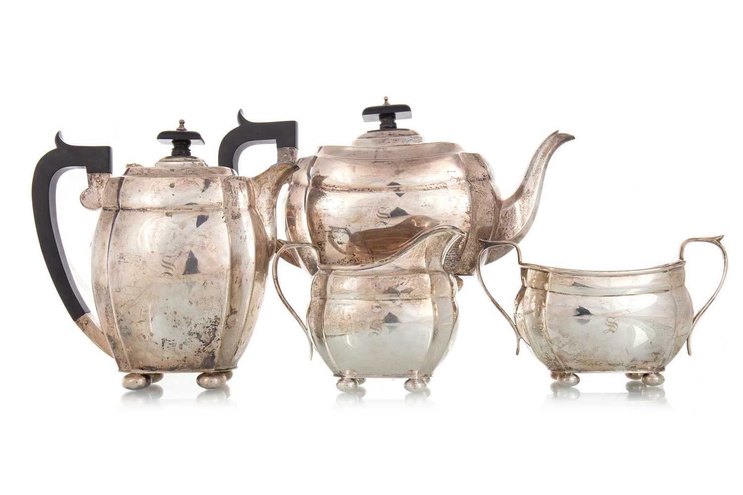 Lot 84 - GEORGE V SILVER FOUR-PIECE TEA AND COFFEE SERVICE