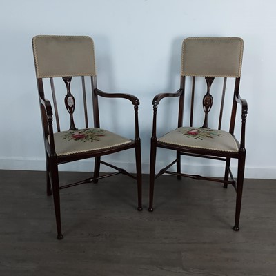 Lot 445 - PAIR OF EDWARDIAN INLAID MAHOGANY ELBOW CHAIRS