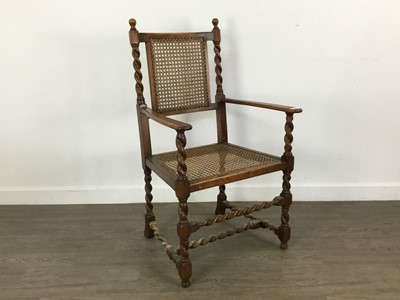 Lot 497 - OAK CANE PANELLED ARMCHAIR, STOOL AND A BEDROOM CHAIR