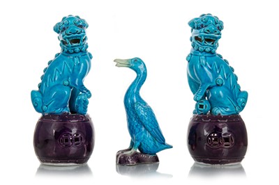 Lot 1054 - PAIR OF CHINESE TURQUOISE FOO DOGS