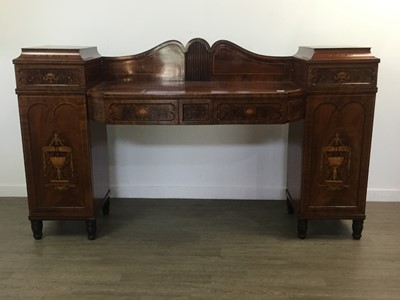 Lot 813 - EDWARDIAN MAHOGANY BREAKFRONT PEDESTAL SIDEBOARD OF ADAM DESIGN