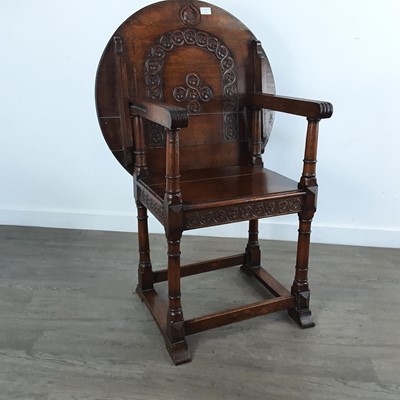 Lot 147 - OAK REPRODUCTION ELBOW CHAIR