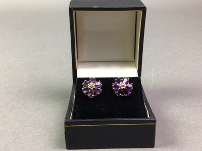 Lot 242 - PAIR OF NINE CARAT GOLD AND AMETHYST STUD EARRINGS