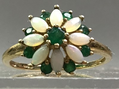 Lot 244 - NINE CARAT GOLD, OPAL AND EMERALD DRESS RING