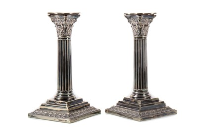 Lot 826 - PAIR OF SILVER PLATED CORINTHIAN COLUMN CANDLESTICKS