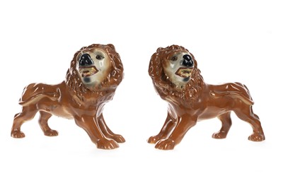 Lot 837 - OPPOSING PAIR OF VICTORIAN STAFFORDSHIRE POTTERY LIONS