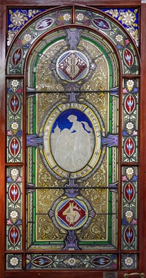 Lot 880 - ADAM & SMALL OF GLASGOW, VICTORIAN ARCHED STAINED AND LEADED GLASS PANEL