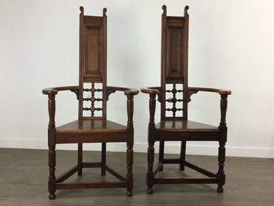 Lot 889 - NEAR PAIR OF OAK LIBERTY & CO. STYLE SHAKESPEARE CHAIRS